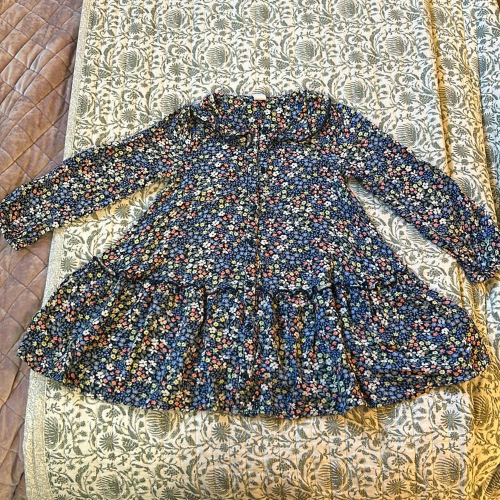 Sweet button down blue floral play dress with ruffle detail and long sleeves